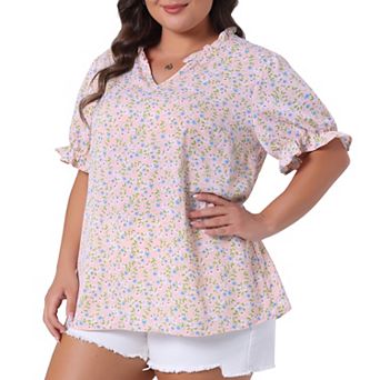 Plus Size Summer Tops for Women Floral V Neck Ruffle Puffy Short Sleeve Casual Blouse