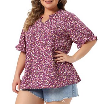 Plus Size Summer Tops for Women Floral V Neck Ruffle Puffy Short Sleeve Casual Blouse