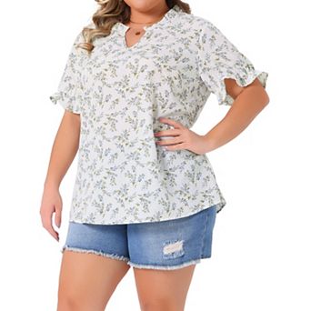 Plus Size Summer Tops for Women Floral V Neck Ruffle Puffy Short Sleeve Casual Blouse