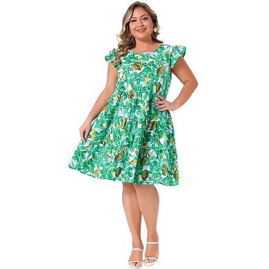 Plus Size Summer Dress for Women Boho Flutter Sleeves Round Neck Floral Tiered Babydoll Ruffle Dress