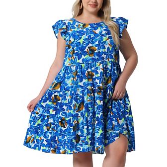 Plus Size Summer Dress for Women Boho Flutter Sleeves Round Neck Floral Tiered Babydoll Ruffle Dress