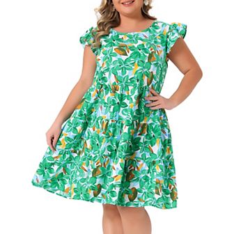 Plus Size Summer Dress for Women Boho Flutter Sleeves Round Neck Floral Tiered Babydoll Ruffle Dress