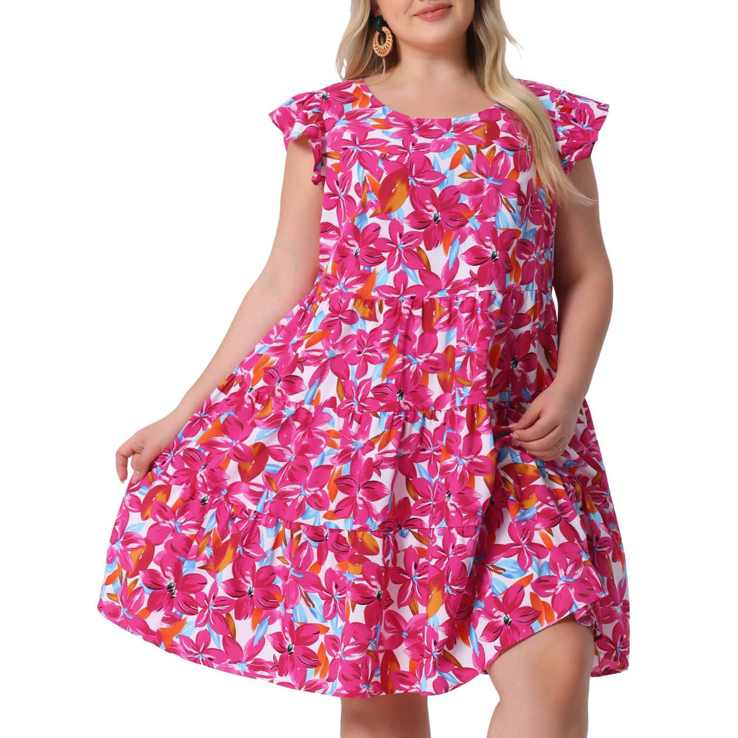 Женские платья Plus Size Summer Dress for Women Boho Flutter Sleeves Round Neck Floral Tiered Babydoll Ruffle Dress