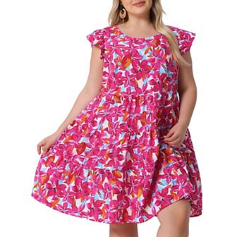 Plus Size Summer Dress for Women Boho Flutter Sleeves Round Neck Floral Tiered Babydoll Ruffle Dress