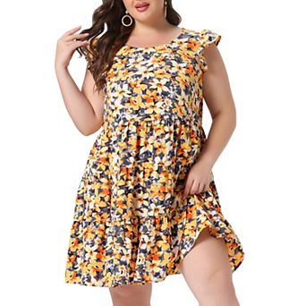 Plus Size Summer Dress for Women Boho Flutter Sleeves Round Neck Floral Tiered Babydoll Ruffle Dress