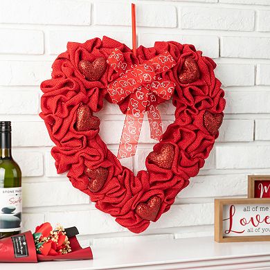 Glitzhome 19.25"L Red Traditinal and Classical Fabric Valentine's Heart Wreath