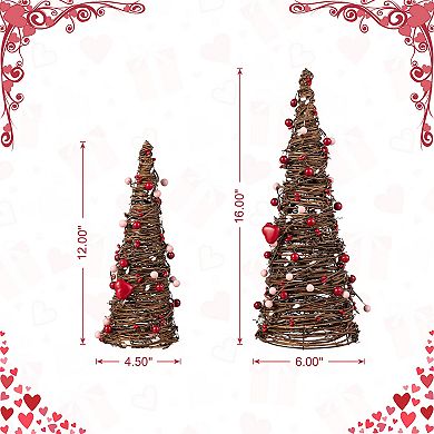 Glitzhome 16"H Set of 2 Valentine's Rattan Heart and Berries Table Tree