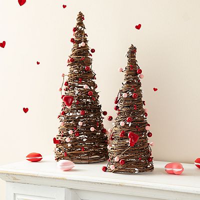 Glitzhome Valentine's Rattan Table Trees Set Of 2 - Romantic Home Decor With Berries