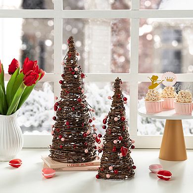 Glitzhome 16"H Set of 2 Valentine's Rattan Heart and Berries Table Tree