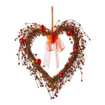 Glitzhome 17"H Lighted Valentine's Seasonal Red Berry Heart Wreath