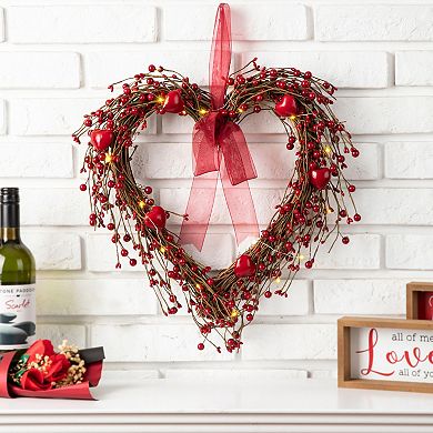 Glitzhome 17"H Lighted Valentine's Seasonal Red Berry Heart Wreath