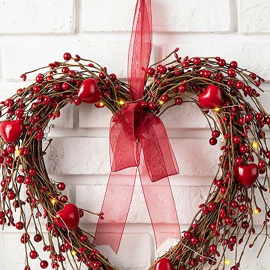 Glitzhome 17"H Lighted Valentine's Seasonal Red Berry Heart Wreath