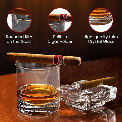 Cigar Whiskey Glass With Cigar Holder Set With 2 Whiskey Stones