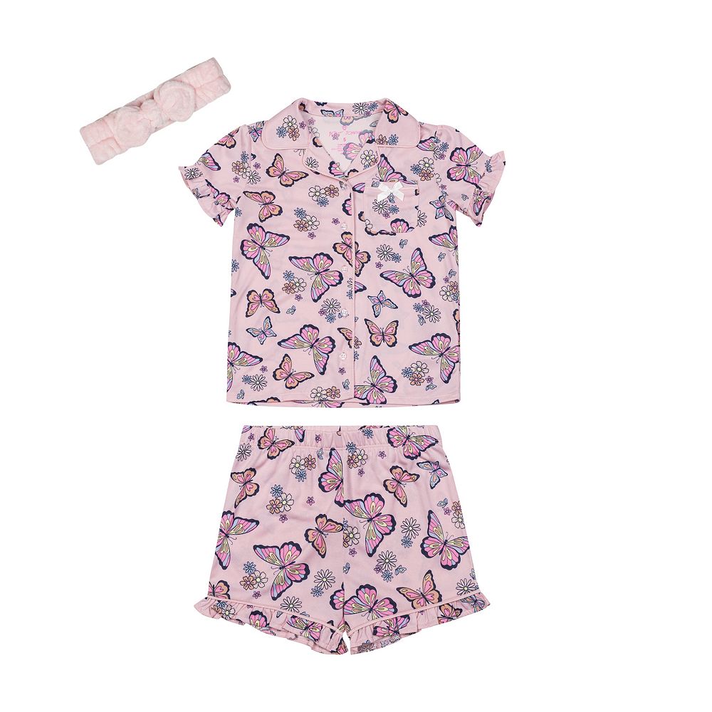 Girls 4-6 Betsey Johnson 3-Piece Butterfly Print Short Sleeve Button-Down Pajama Top, Pajama Shorts & Headband Set