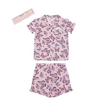 Girls 4-6 Betsey Johnson 3 pc Butterfly Print Short Sleeve Button-Down Pajama Top, Pajama Shorts & Headband Set