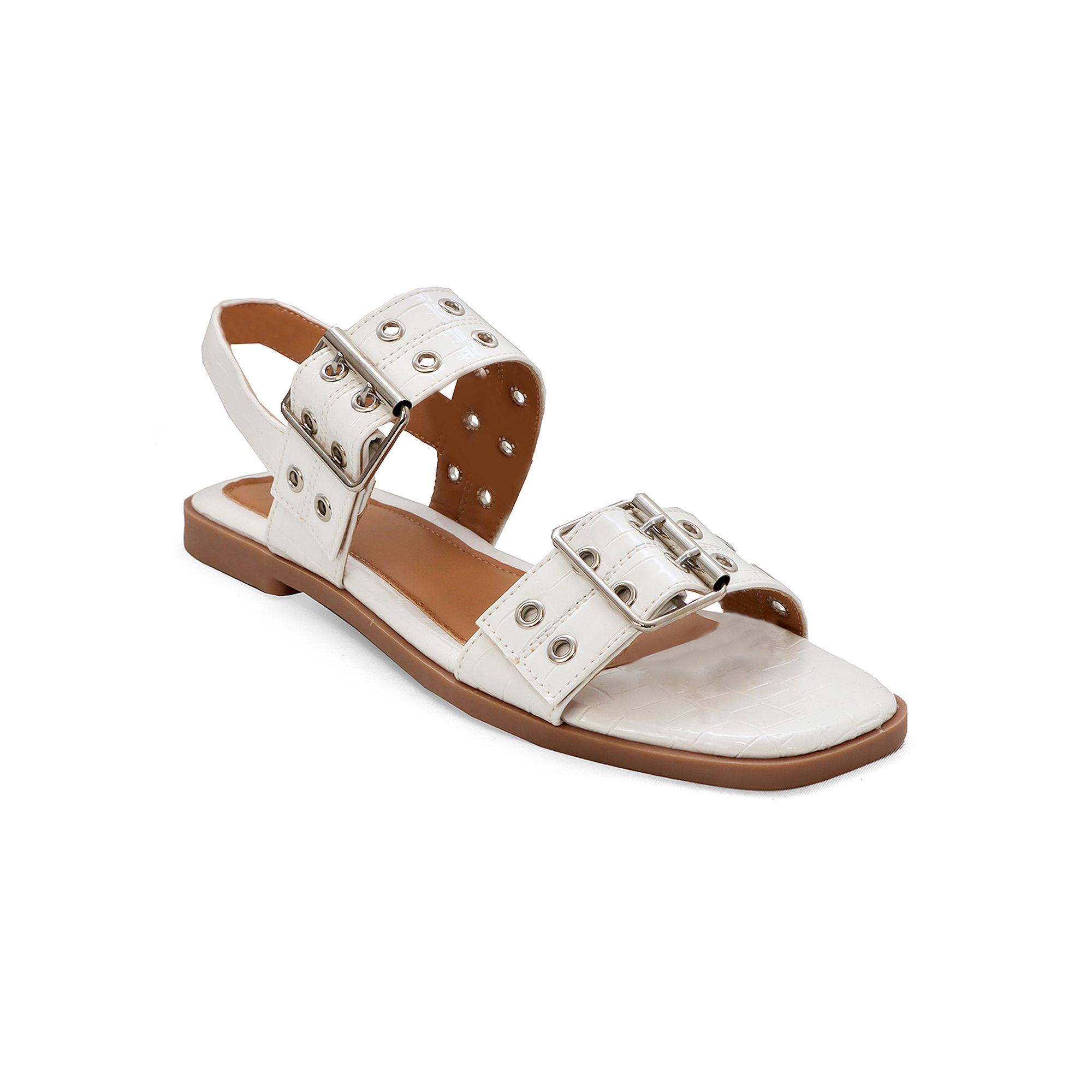 Yoki Womens Double Buckle Square Toe Flat Sandal, Size: 6 Medium, White