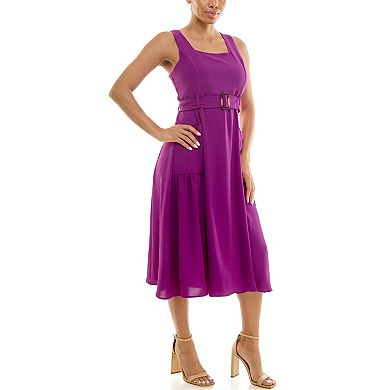 Women's Nina Leonard Square Neck Self Sash Dress