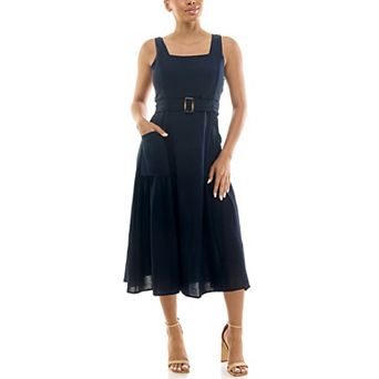 Women's Nina Leonard Square Neck Self Sash Dress