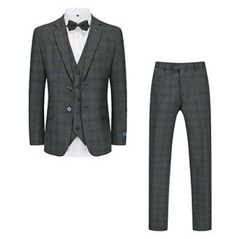 3 pc Slim Fit Stretch Grey Navy Plaid Suit