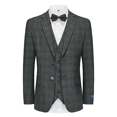 3-Piece Slim Fit Stretch Grey Navy Plaid Suit