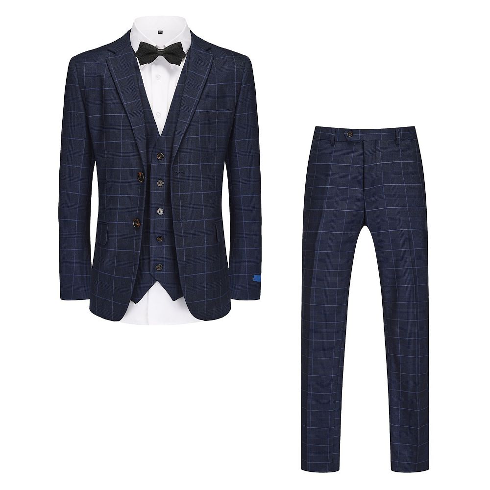 Slim Fit 3-Piece Blue Windowpane Plaid Suit