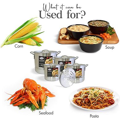 Alpine Cuisine Aluminum Steamer Stock Pot 12pc Set With Cooking Pot Lids 8, 12, 16, 20 Quarts