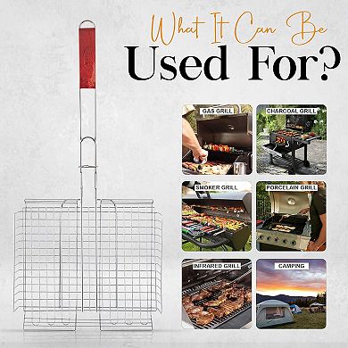 Alpine Cuisine Bbq Grill Basket 24.5 Inch Rectangular With Comfortable Wood Handle