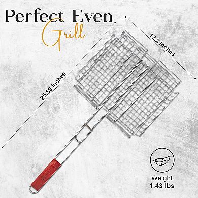 Alpine Cuisine Bbq Grill Basket 24.5 Inch Rectangular With Comfortable Wood Handle
