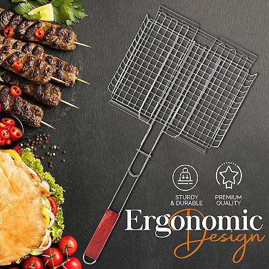 Alpine Cuisine Bbq Grill Basket 24.5 Inch Rectangular With Comfortable Wood Handle