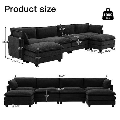 4-Seat Loop Fleece Sectional Sofa with 2 Removable Ottomans, Modular Couch for Living Room