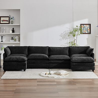4-Seat Loop Fleece Sectional Sofa with 2 Removable Ottomans, Modular Couch for Living Room
