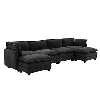 4-Seat Loop Fleece Sectional Sofa with 2 Removable Ottomans, Modular Couch for Living Room