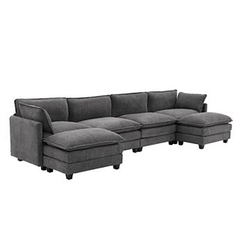 4-Seat Loop Fleece Sectional Sofa with 2 Removable Ottomans, Modular Couch for Living Room