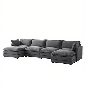 4-Seat Corduroy Sectional Sofa with 2 Removable Ottomans, Modular Couch for Living Room
