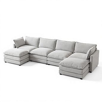 4-Seat Corduroy Sectional Sofa with 2 Removable Ottomans, Modular Couch for Living Room