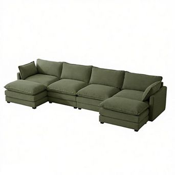 4-Seat Corduroy Sectional Sofa with 2 Removable Ottomans, Modular Couch for Living Room