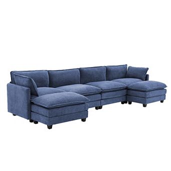 4-Seat Loop Fleece Sectional Sofa with 2 Removable Ottomans, Modular Couch for Living Room