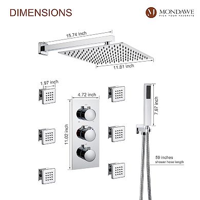 Mondawe 3 Functions Wall Mounted Thermostatic Shower System with 6 Body Jets（Rough-in Valve）