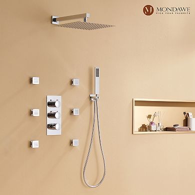 Mondawe 3 Functions Wall Mounted Thermostatic Shower System with 6 Body Jets（Rough-in Valve）