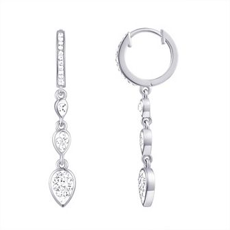 Chrystina Fine Silver Plated Triple Crystal Teardrop Dangle Hoop Earrings