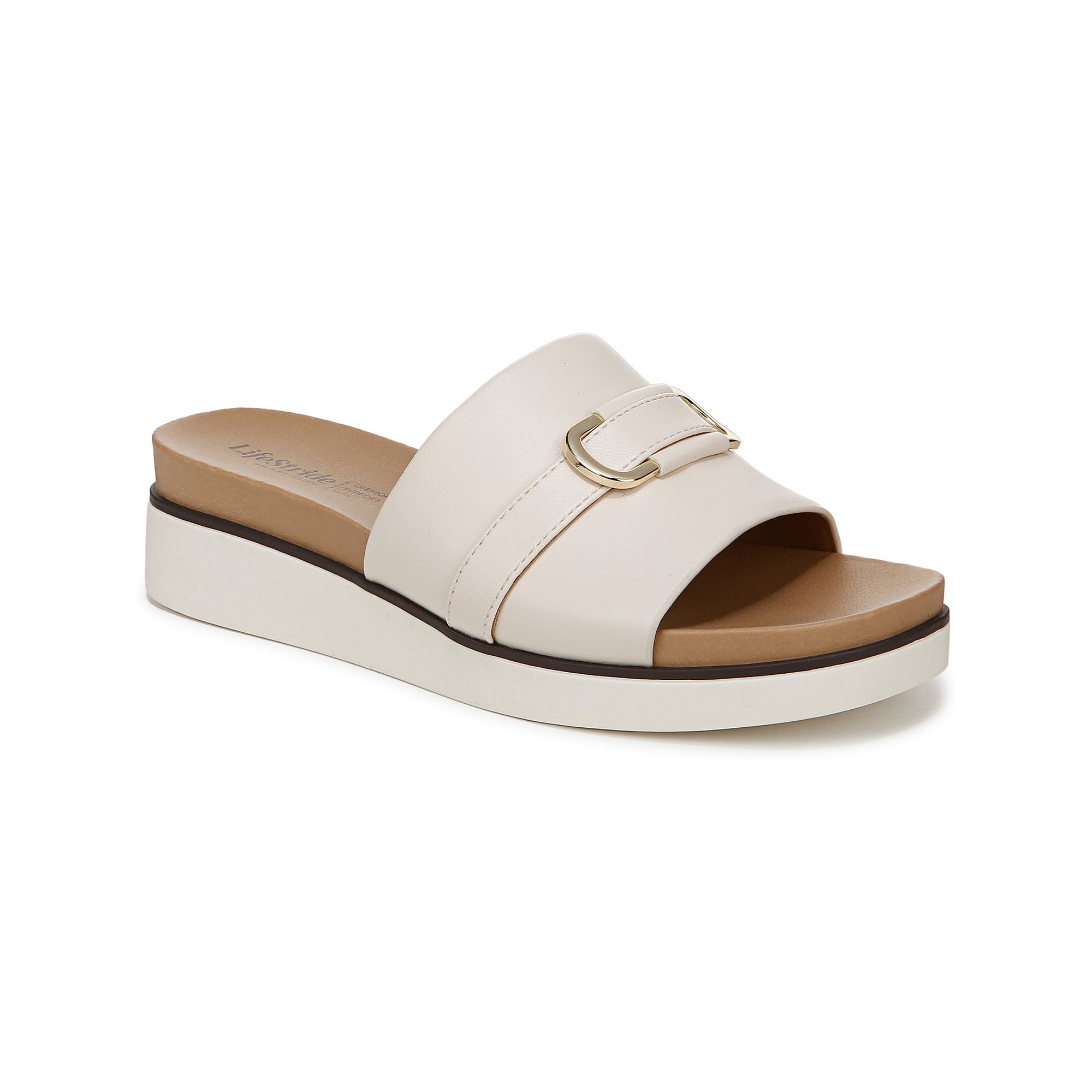 LifeStride Genevieve Womens Slide Sandals, Size: 6 Wide, Creme Beige