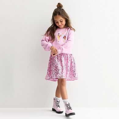 Girls 4-12 Disneys Princesses Belle, Ariel, Cinderella & Moana Sequin Sweatshirt Dress