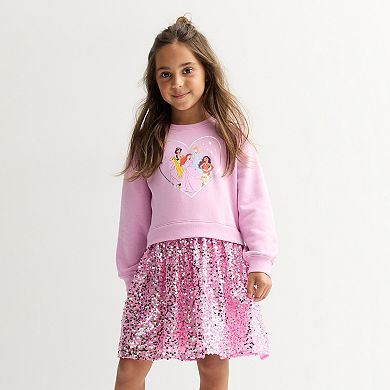 Girls 4-12 Disneys Princesses Belle, Ariel, Cinderella & Moana Sequin Sweatshirt Dress