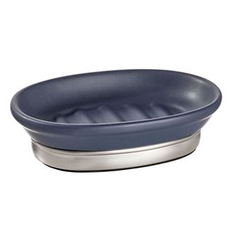 iDesign Ceramic and Steel Bar Soap Holder, The York Collection – 5" x 4" x 2", Matte Navy & Brushed Nickel