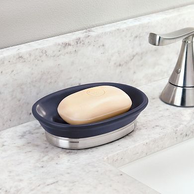 iDesign Ceramic and Steel Bar Soap Holder, The York Collection – 5" x 4" x 2", Matte Navy & Brushed Nickel