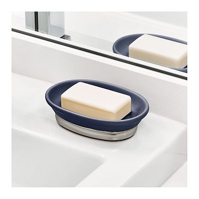 iDesign Ceramic and Steel Bar Soap Holder, The York Collection – 5" x 4" x 2", Matte Navy & Brushed Nickel