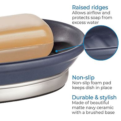 iDesign Ceramic and Steel Bar Soap Holder, The York Collection – 5" x 4" x 2", Matte Navy & Brushed Nickel