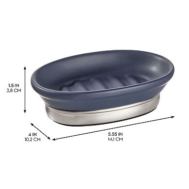 iDesign Ceramic and Steel Bar Soap Holder, The York Collection – 5" x 4" x 2", Matte Navy & Brushed Nickel