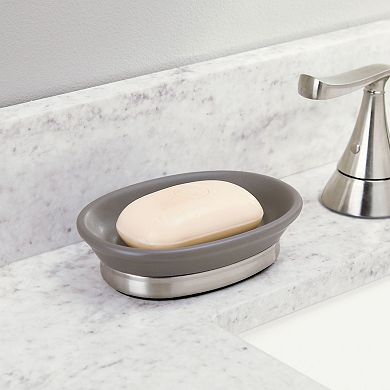 iDesign Ceramic Soap Dish for Bathroom Sink - Matte Gray/Brushed