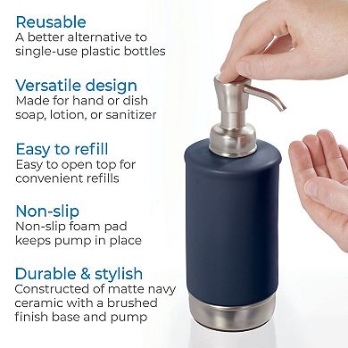 iDesign Soap Dispenser for Bathroom or Vanity - Holds Hand Soap or Lotion - Matte Navy/Brushed